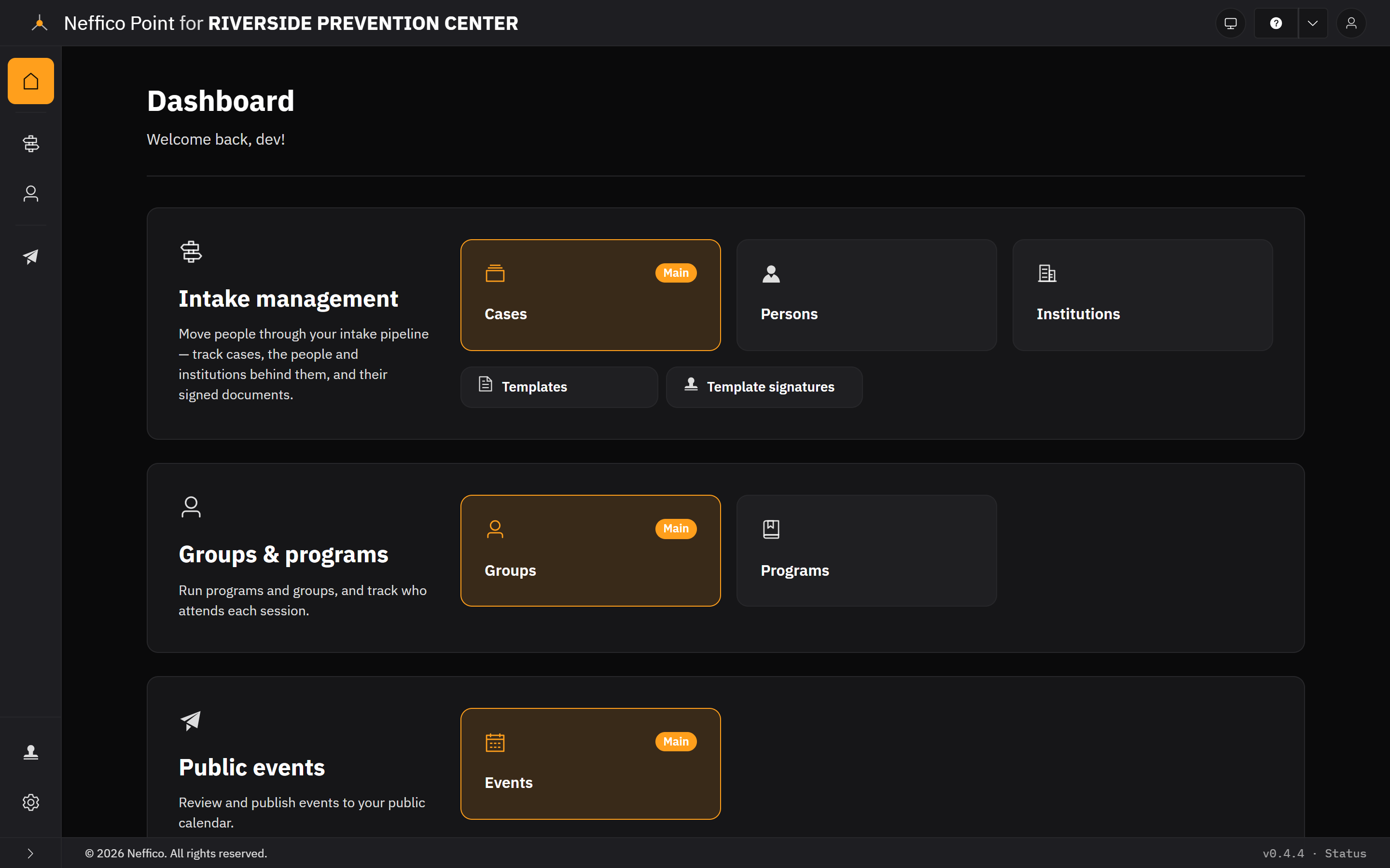 The Neffico Point dashboard: intake management, groups and programs, and public events.